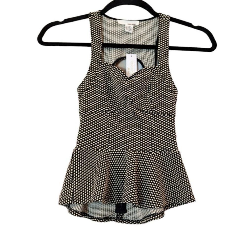 Sans Souci Womens Size Small White Black Sleeveless Sweetheart Neck Peplum Top